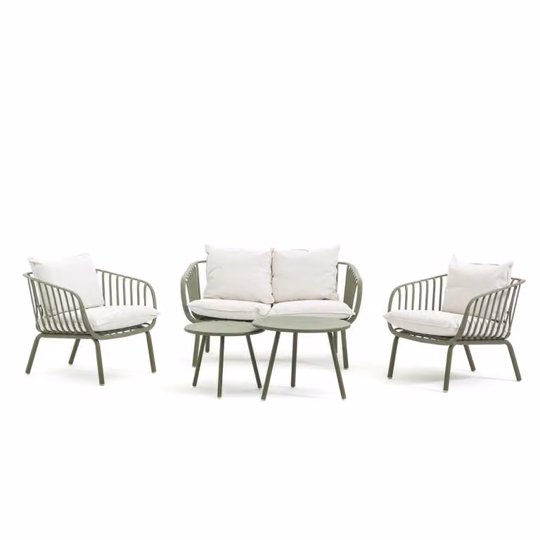Set da giardino con divano a 2 posti, 2 poltrone e 2 tavoli - struttura in fibra di vetro rinforzata con resina e gambe in acciaio, cuscini sfoderabili da 10 cm - design moderno e confortevole per giardino, patio e veranda - BELLAGIO - Pistacchio