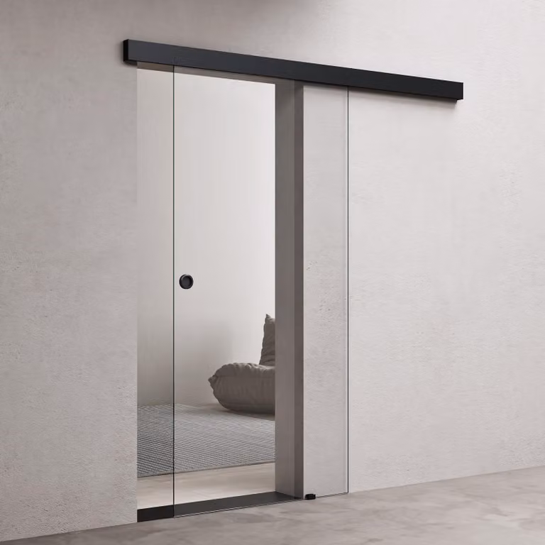 doporro Porta Scorrevole in Vetro Temperato 8 mm Trasparente, con Binario e Maniglia Rotonda in Alluminio Finitura Nera, Kit Distanziale da Parete, 90x205 cm Amalfi19