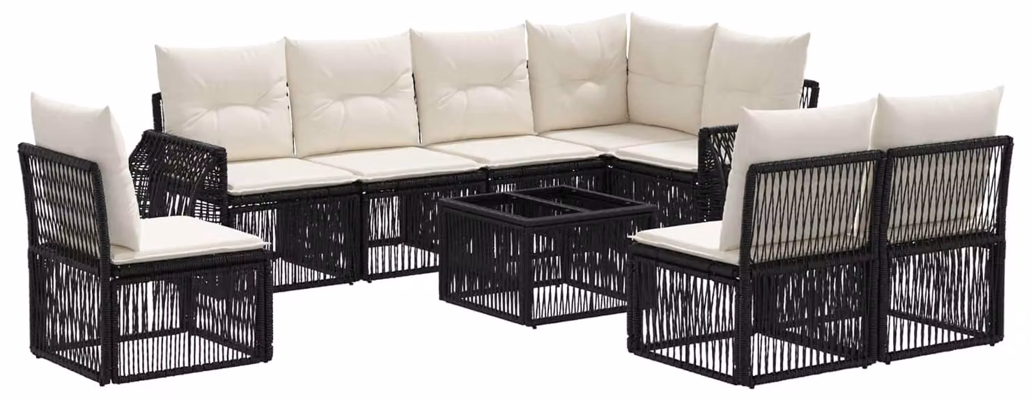Set Divano da Giardino 9 pcs Nero e Bianco Crema polyrattan