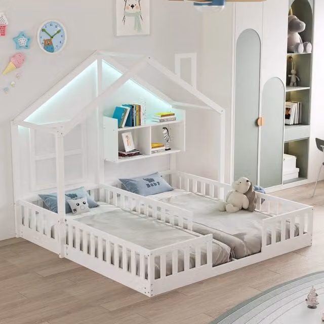 Letto per bambini 2 posti 90×200 cm e 90×200 cm con LED, barriere e ripiani, con rete, senza materasso, bianco