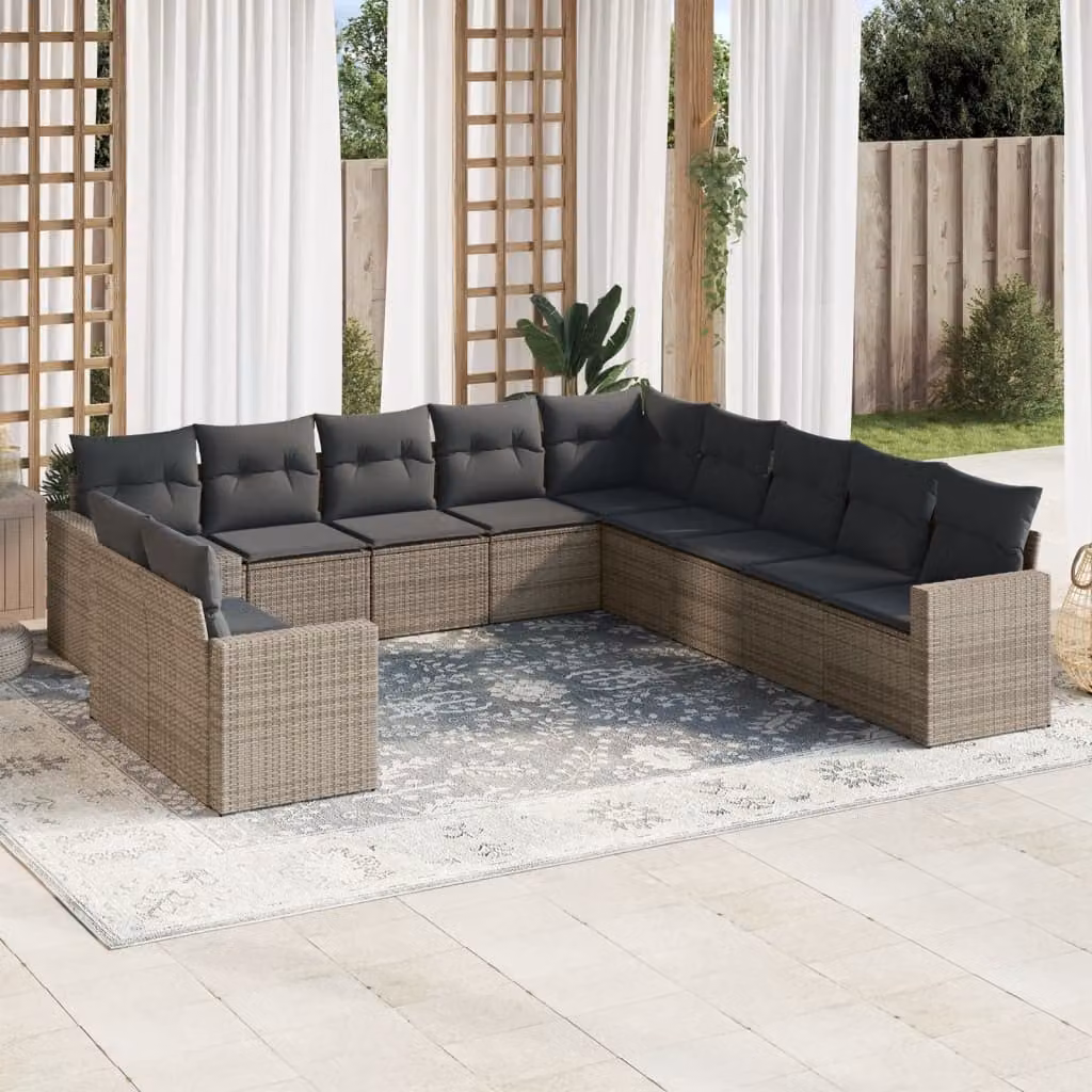 vidaXL Set Divani da Giardino 11 pz in Polyrattan Grigio con Cuscini Imbottiti e Rivestimenti Rimovibili – 1