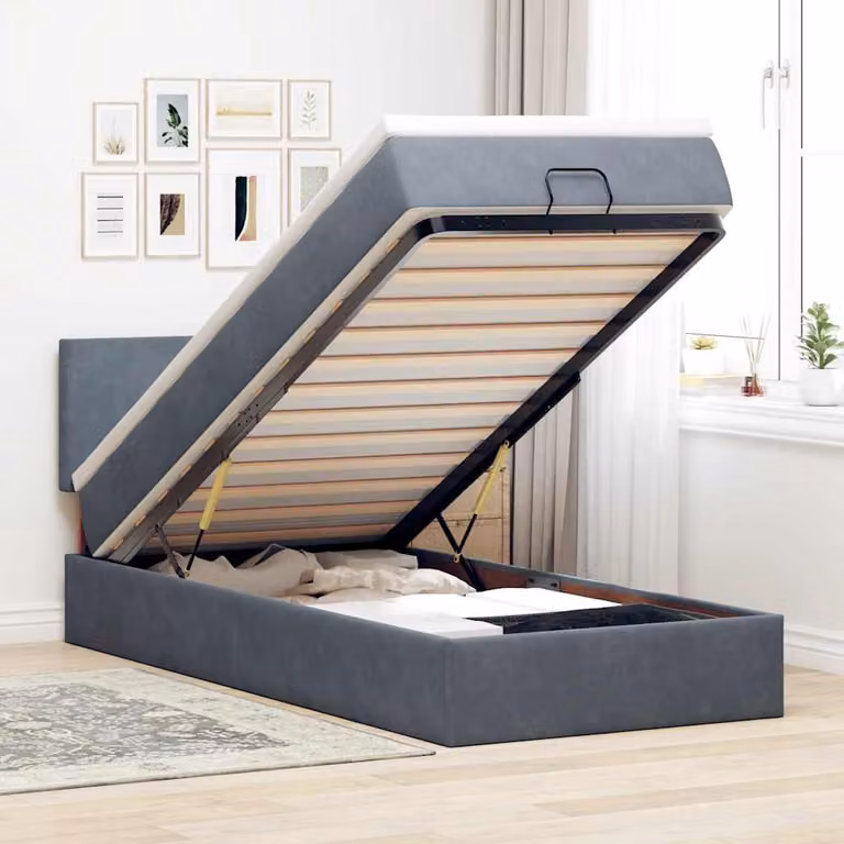vidaXL Struttura Letto con Materasso e Pouf in Velluto con Base a Sollevamento, Illuminazione Sotto il Letto e Porte USB, L: 180 cm, P: 200 cm, H: 80 cm