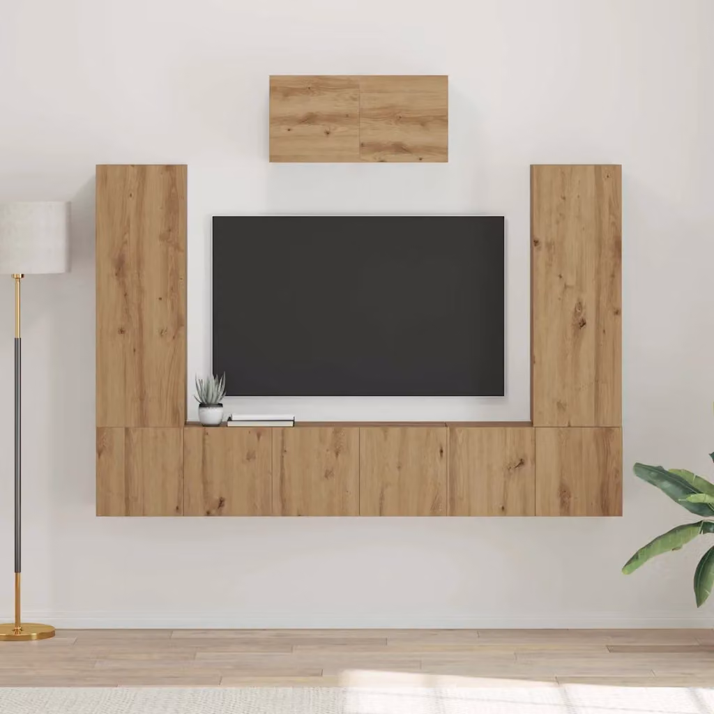 Set mobile TV moderno vidaXL in legno ingegnerizzato color rovere, 7 pezzi