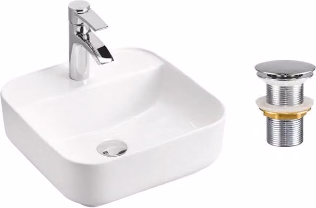 Lavabo da appoggio rettangolare 50x40 cm bianco lucido in ceramica con piletta click-clack