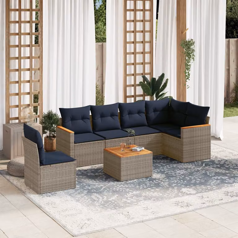 Set Divani da Giardino vidaXL 7 pz in Polyrattan con Cuscini e Tavolino, Design Moderno a L, Colore Grigio e Blu