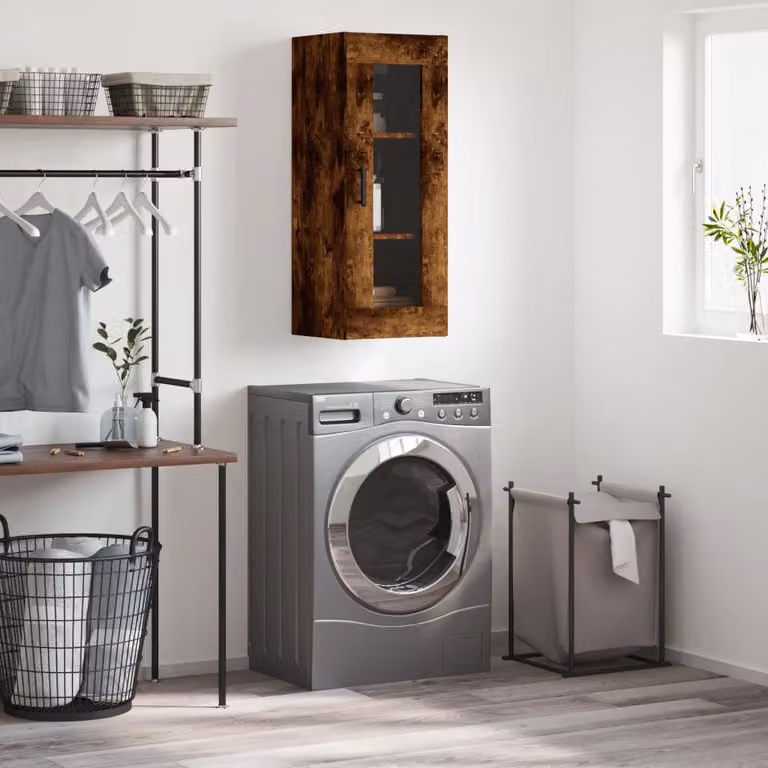 Mobile a parete vidaXL in rovere fumo con ante in vetro e ripiani interni, L/P/H: 34,5 x 34 x 90 cm