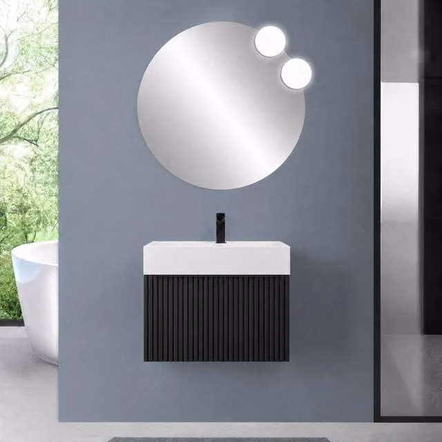 Mobile bagno sospeso 80 cm nero opaco con un cassetto e lavabo alto in resina Nara