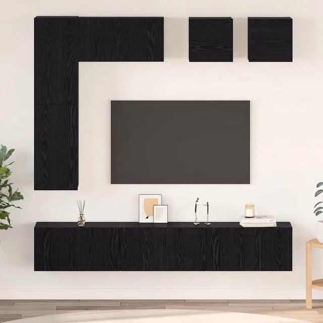 Set mobile TV 8 pz-Credenza per TV Rovere Nero Legno multistrato 259765