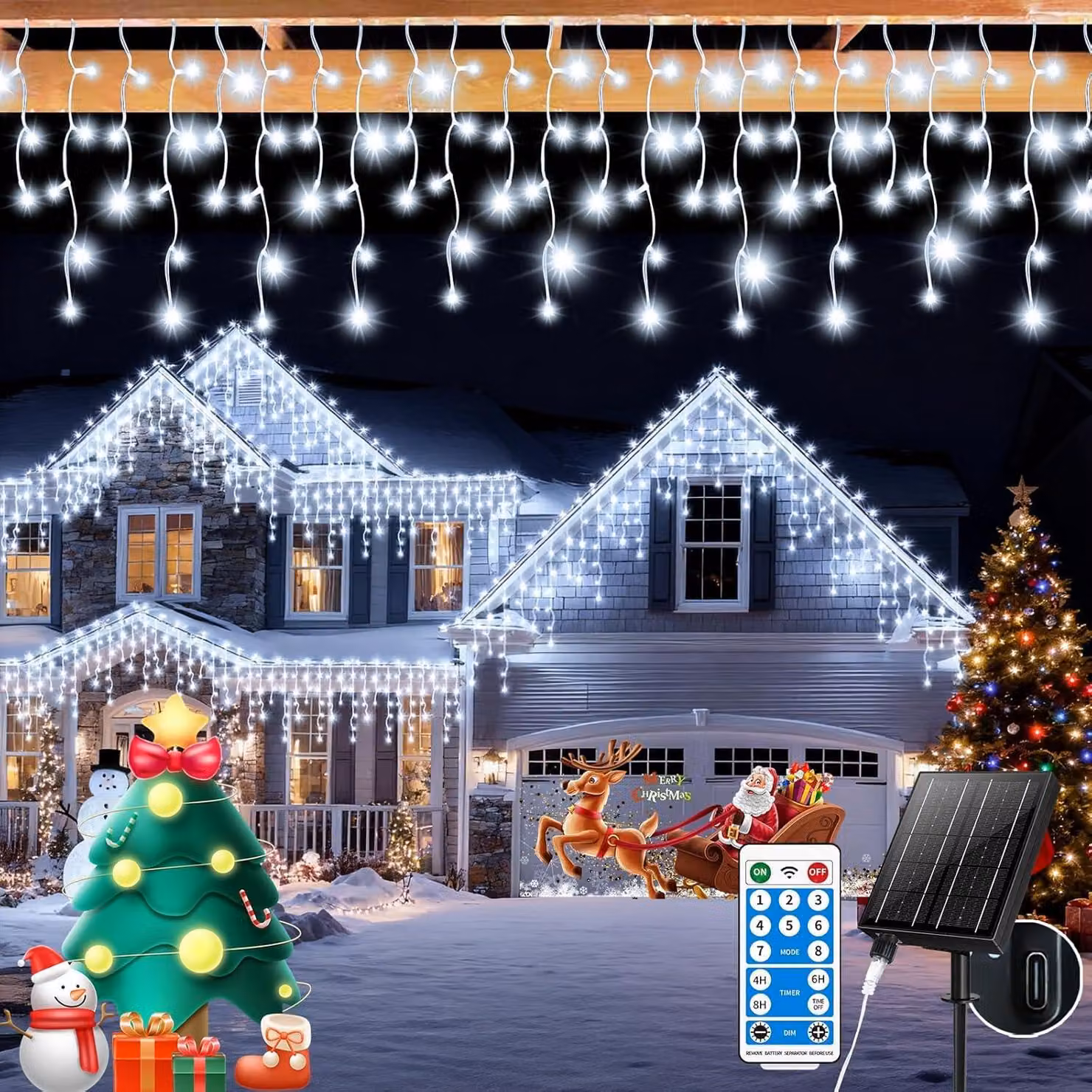 Catena luminosa solare con ghiaccioli, 25 metri, 660 LED, 8 modalità, dimmerabile, luce bianca