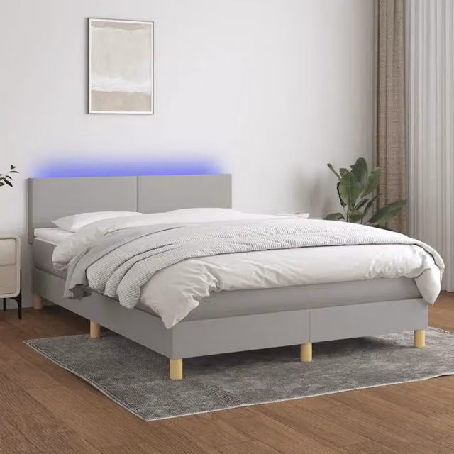 Letto a molle con illuminazione LED e porta USB vidaXL in tessuto grigio, L 140 x P 200 x H 88 cm