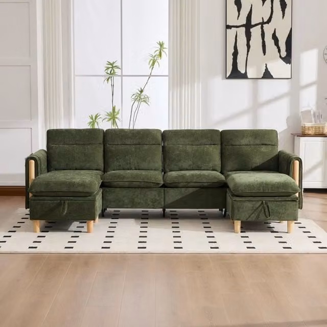 Divano modulare a U 4 posti con due pouf contenitore e tasche laterali, in ciniglia verde, 261 × 77 × 86 cm