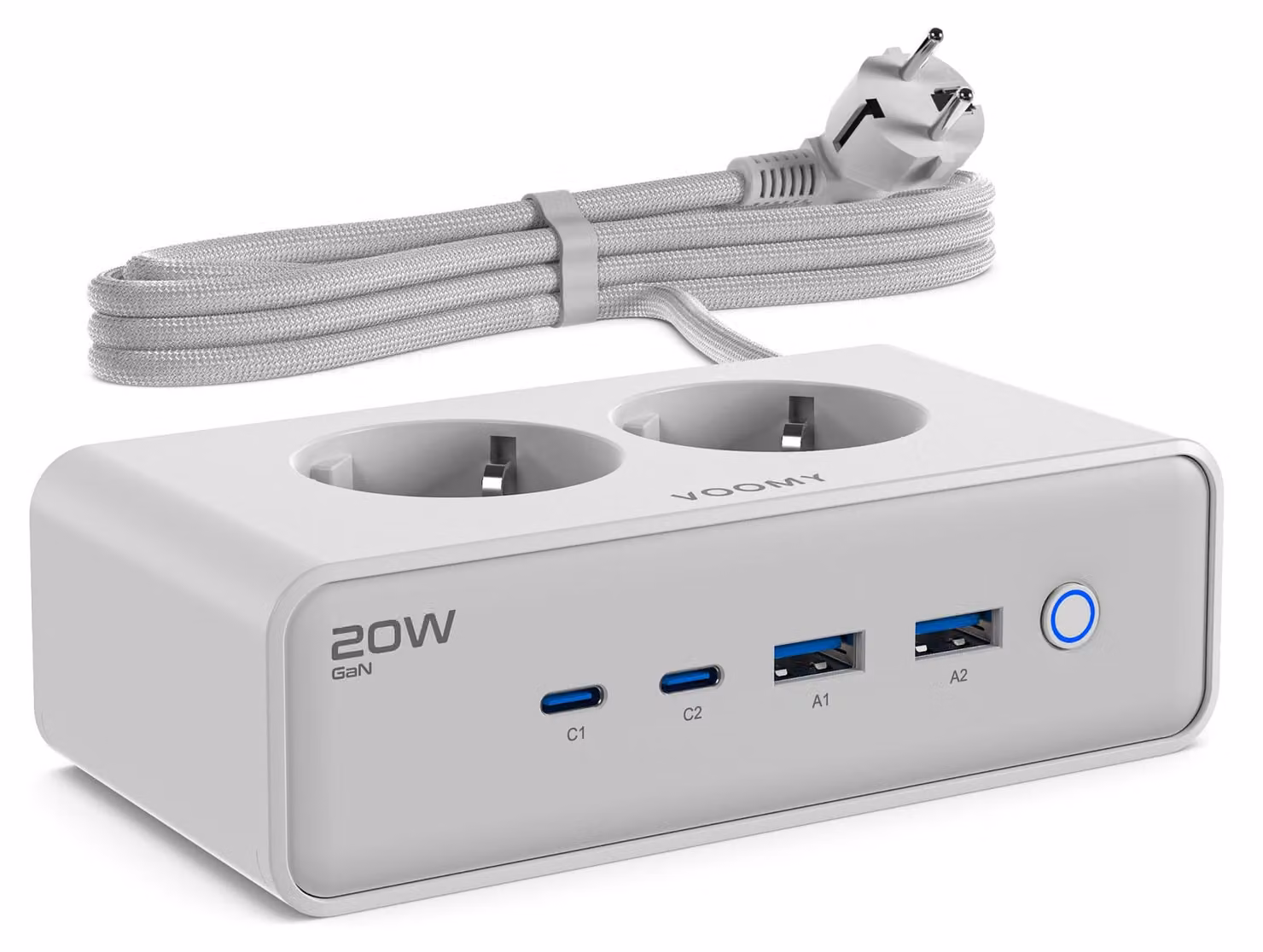VOOMY 6-in-1 presa multipla 20W USB-C - 2x USB-C e 2x USB-A - Presa multipla con 2 slot - 4000W - Cavo 2M - Bianco