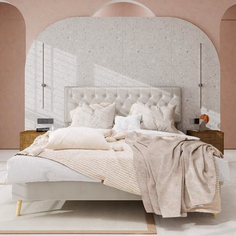 Sweiko Letto moderno minimalista morbido, testata confortevole e morbida, 140x200CM, beige, mobile multifunzionale per la camera da letto, rete bassa senza asta di sollevamento, non include il materasso.