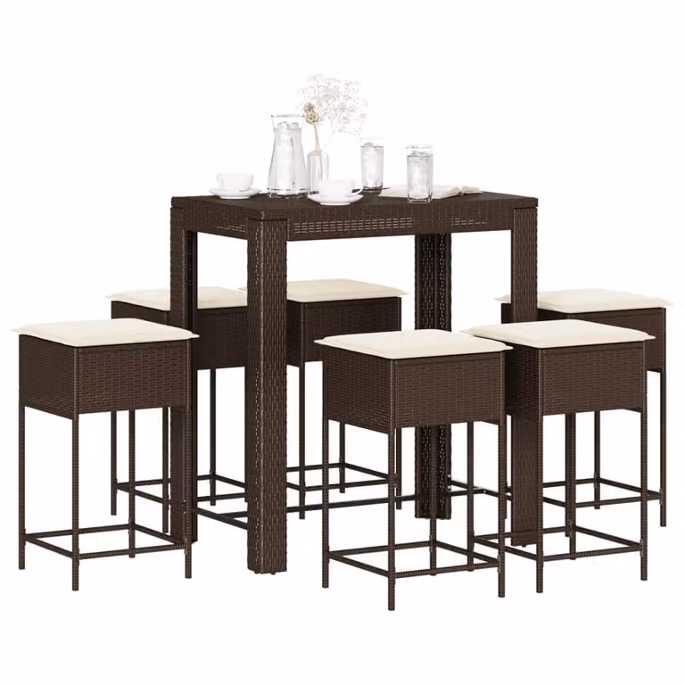 Set Bar da Giardino vidaXL in Polyrattan Marrone e Bianco con 7 Pezzi e Cuscini