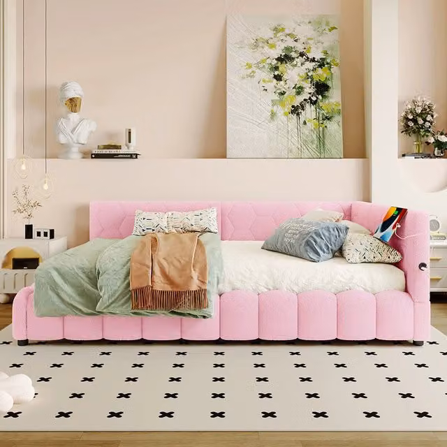 Letto giorno 140x200cm - Xylo - rosa, meccanismo idraulico, USB-C