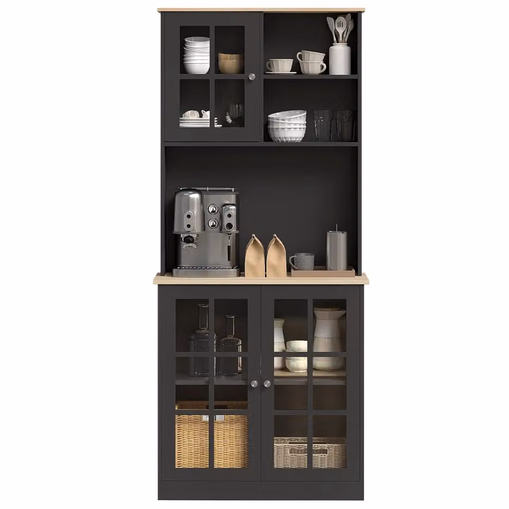 Mobile Cucina Xylo con Piano di Lavoro, 3 Ante Vetrate e 2 Nicchie, Nero e Rovere, L: 80 cm, P: 37 cm, H: 183 cm – 2
