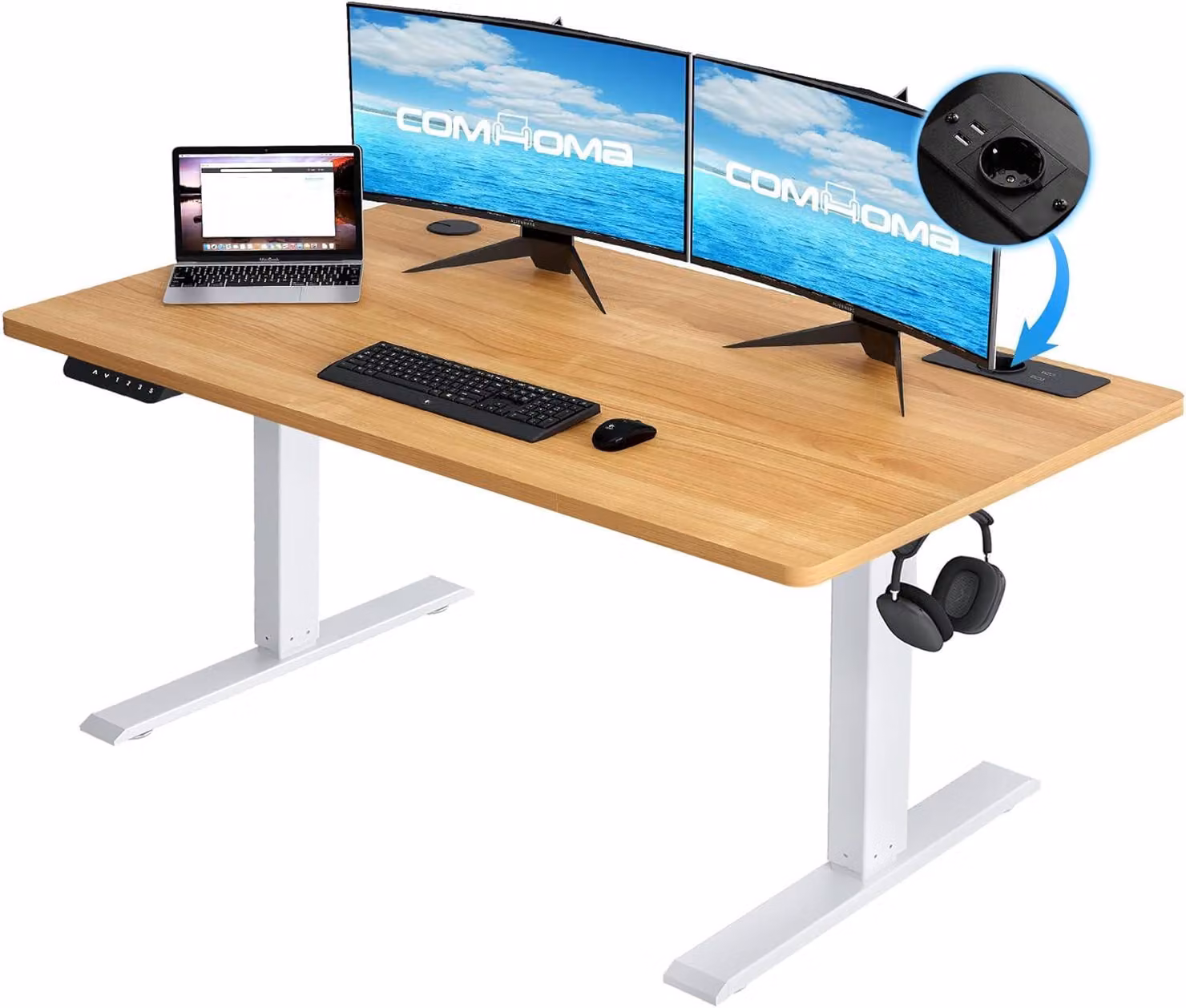 Scrivania regolabile in altezza elettricamente, dimensioni 140x60 cm, con funzione di memorizzazione e struttura in metallo robusta