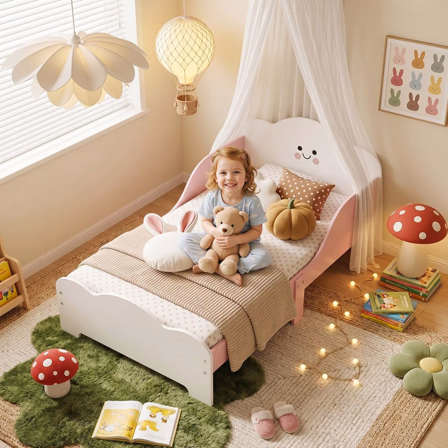 Letto Montessori AIYAPLAY in legno per bambini dai 3 ai 6 anni con bordi rialzati e stampe, colore rosa – 2