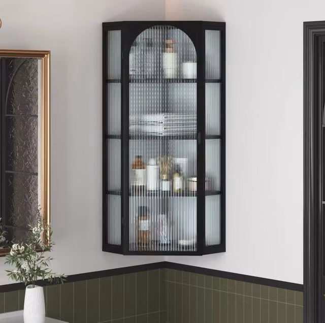 Mobile a Parete Triangolare Nero con Vetro Trasparente, 105 cm, 4 Ripiani Senza Pannello Posteriore per Cucina e Bagno