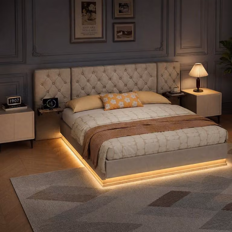 Letto imbottito UnboxG, 160 x 200 cm, beige, con sistema di sollevamento idraulico per lo spazio contenitivo, testiera divisa, illuminazione LED, porte USB e di tipo C, ricarica wireless e comodini pieghevoli, aspetto simile al lino