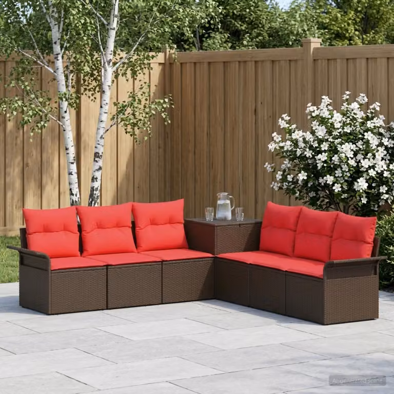 Set di divani da giardino vidaXL 7 pezzi in rattan e acciaio con cuscini marrone e rosso