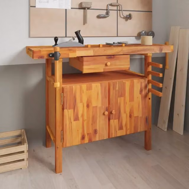 Banco da lavoro vidaXL in legno massello di acacia marrone con cassetto e morsa L/P/H: 124 x 52 x 83 cm