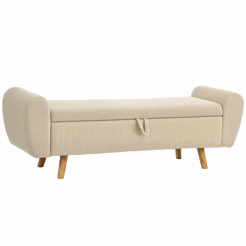 Panca contenitore OKWISH in velluto a coste beige con braccioli arrotondati e piedini in legno, L: 150 cm – 2