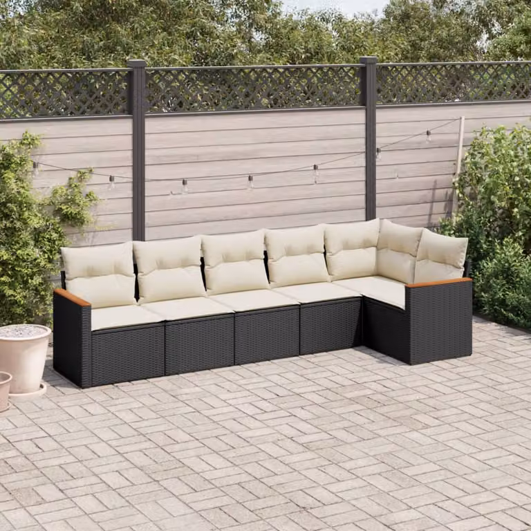 Set Divano da Giardino vidaXL a L 6 pz in Polyrattan con Cuscini Neri e Struttura in Legno di Acacia