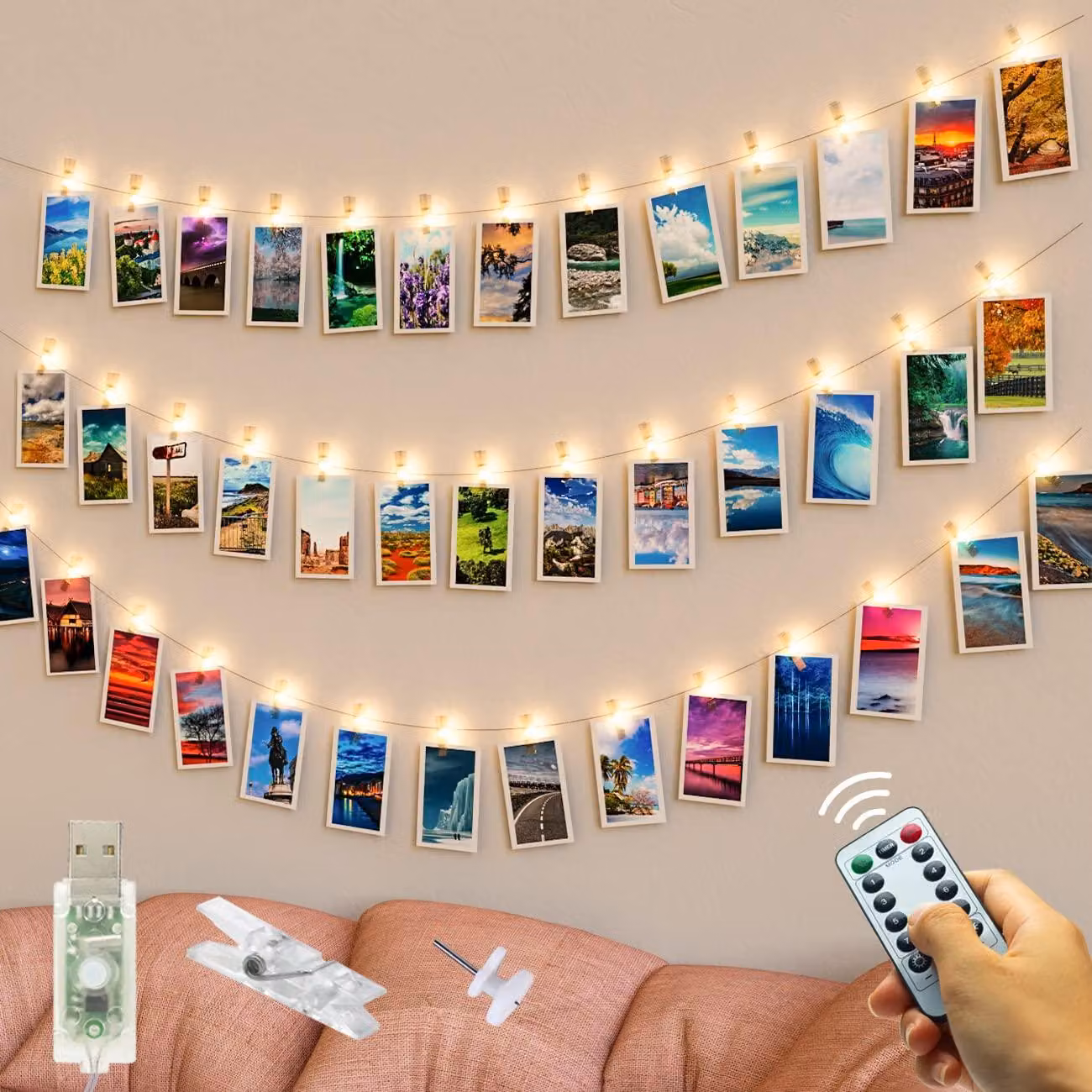 Catena luminosa da 5 metri, con 50 LED, clip per foto USB, luce bianco caldo, con telecomando