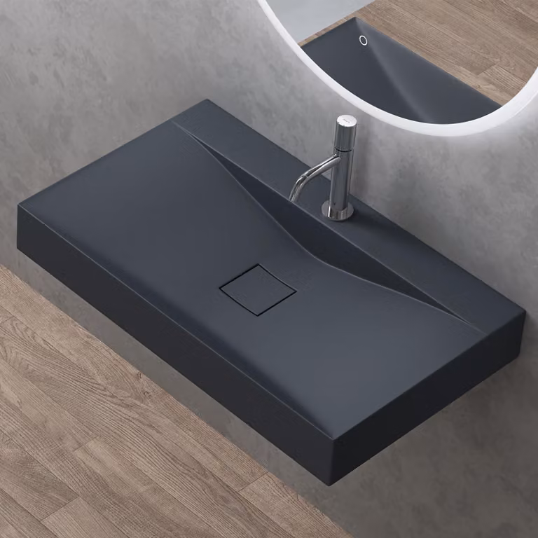 doporro Lavabo da Appoggio o Sospeso Rettangolare 80 cm in Marmoresina Antracite Opaco, Lavandino Bagno con Foro per Rubinetto Colossum810