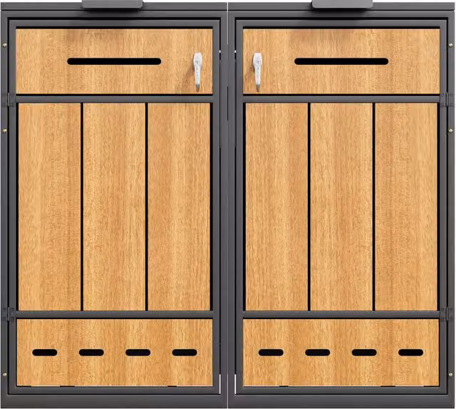 Box per bidoni della spazzatura GL Store in acciaio e legno con fori di aerazione per esterni, L: 132 cm, P: 84,5 cm, H: 118 cm, Grigio e Colore naturale