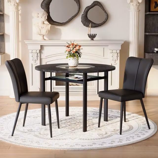 Set tavolo rotondo Ø100 cm con 2 sedie in PU nero; MDF e vetro