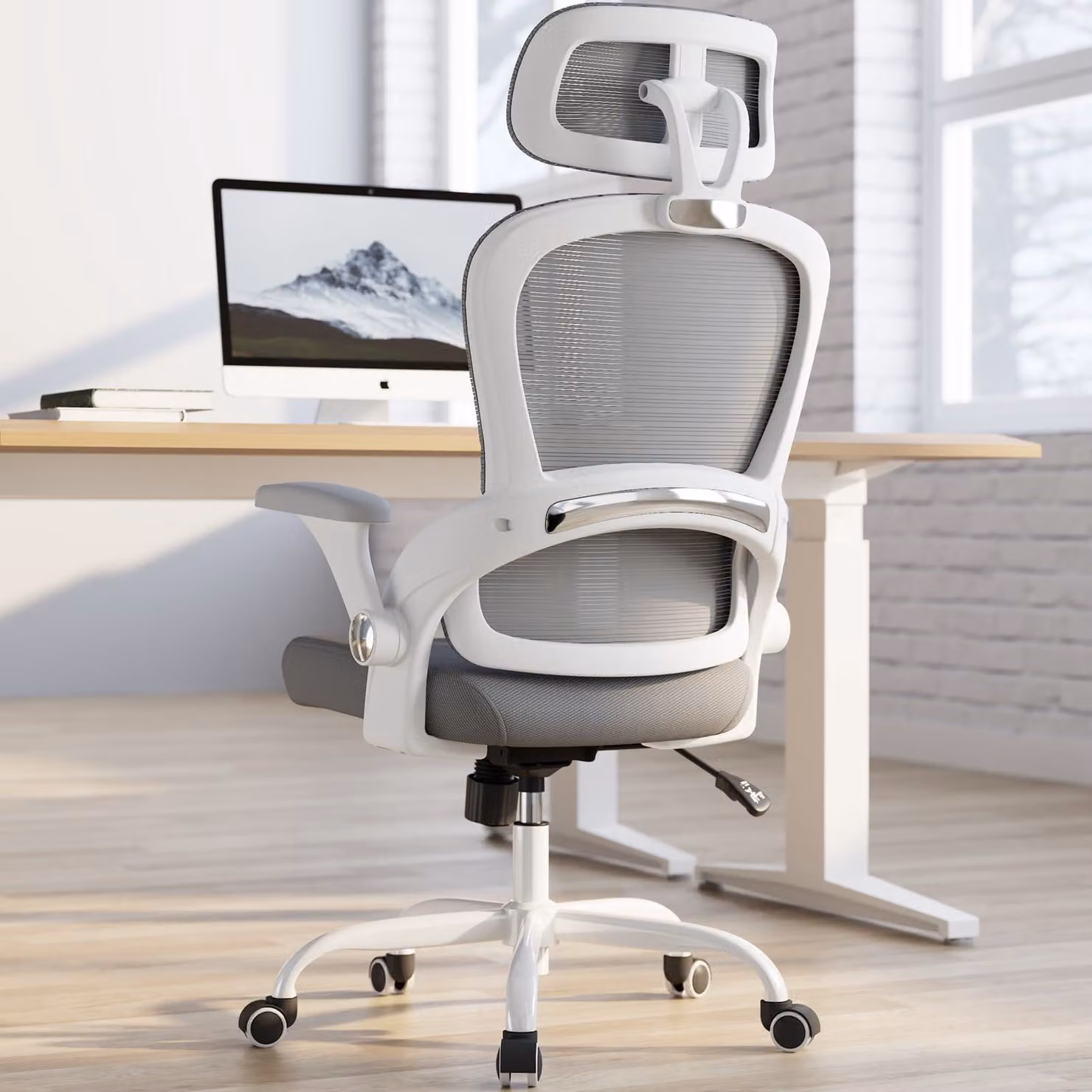 Sedia da ufficio ergonomica, grigia - Poggiatesta regolabile - Portata massima: 150 kg - Struttura in metallo