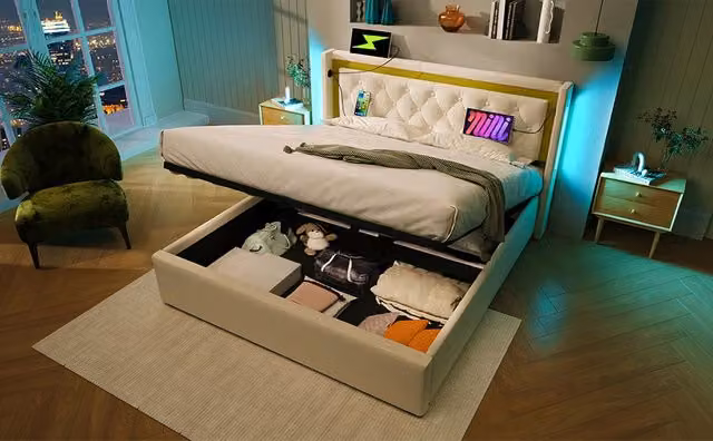 Letto imbottito matrimoniale contenitore con LED e ricarica USB/Type-C, rivestito in cotone e lino beige, 140x200 cm, senza materasso