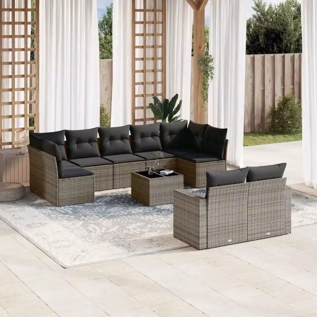 Set Divano da Giardino VIDAXL in Polyrattan Grigio con 10 Pezzi e Cuscini