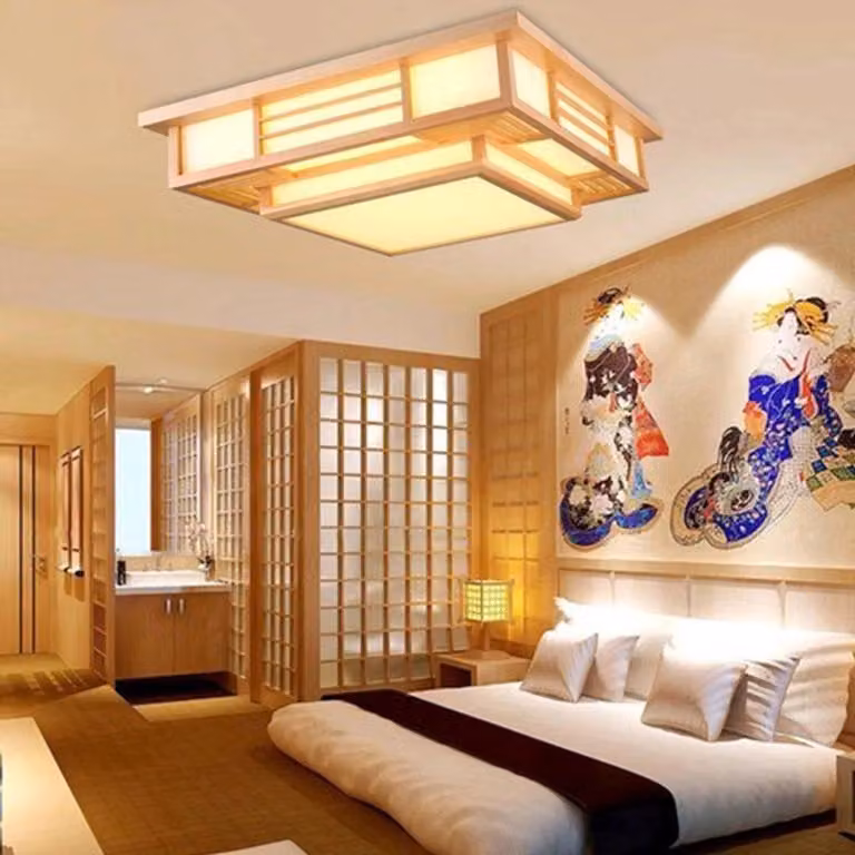 Lampada a soffitto - 24W - 45x45 cm - Struttura in legno - LED dimmerabili con telecomando - Colore giallo