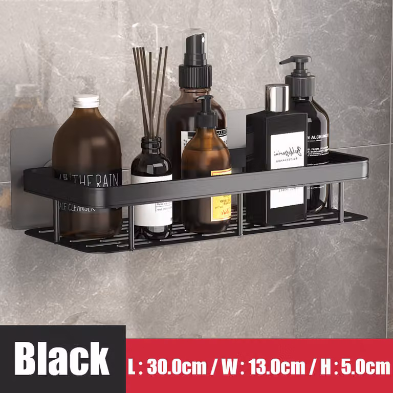 Mensola da bagno in lega di alluminio, mensola per doccia, accessori da bagno, organizer per trucchi, mensola da parete senza forature, nero