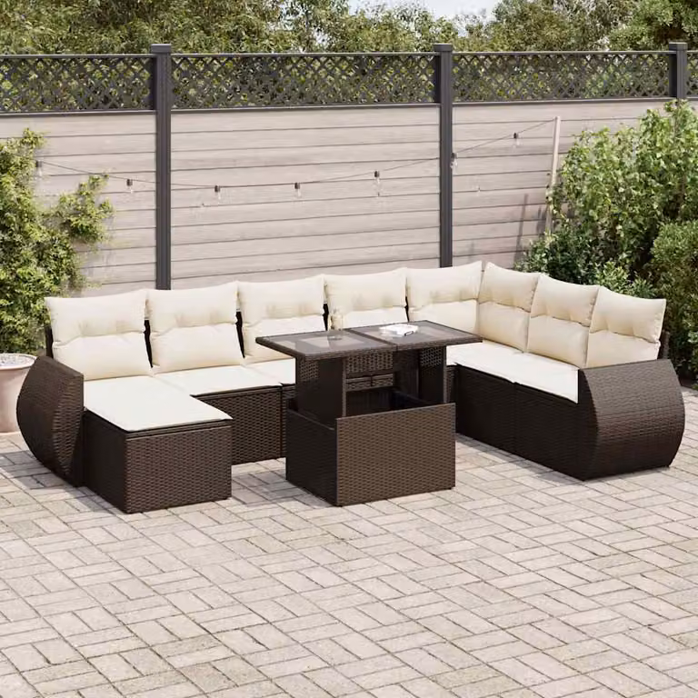 Set di divani da giardino vidaXL in polyrattan marrone con 9 pezzi e cuscini inclusi