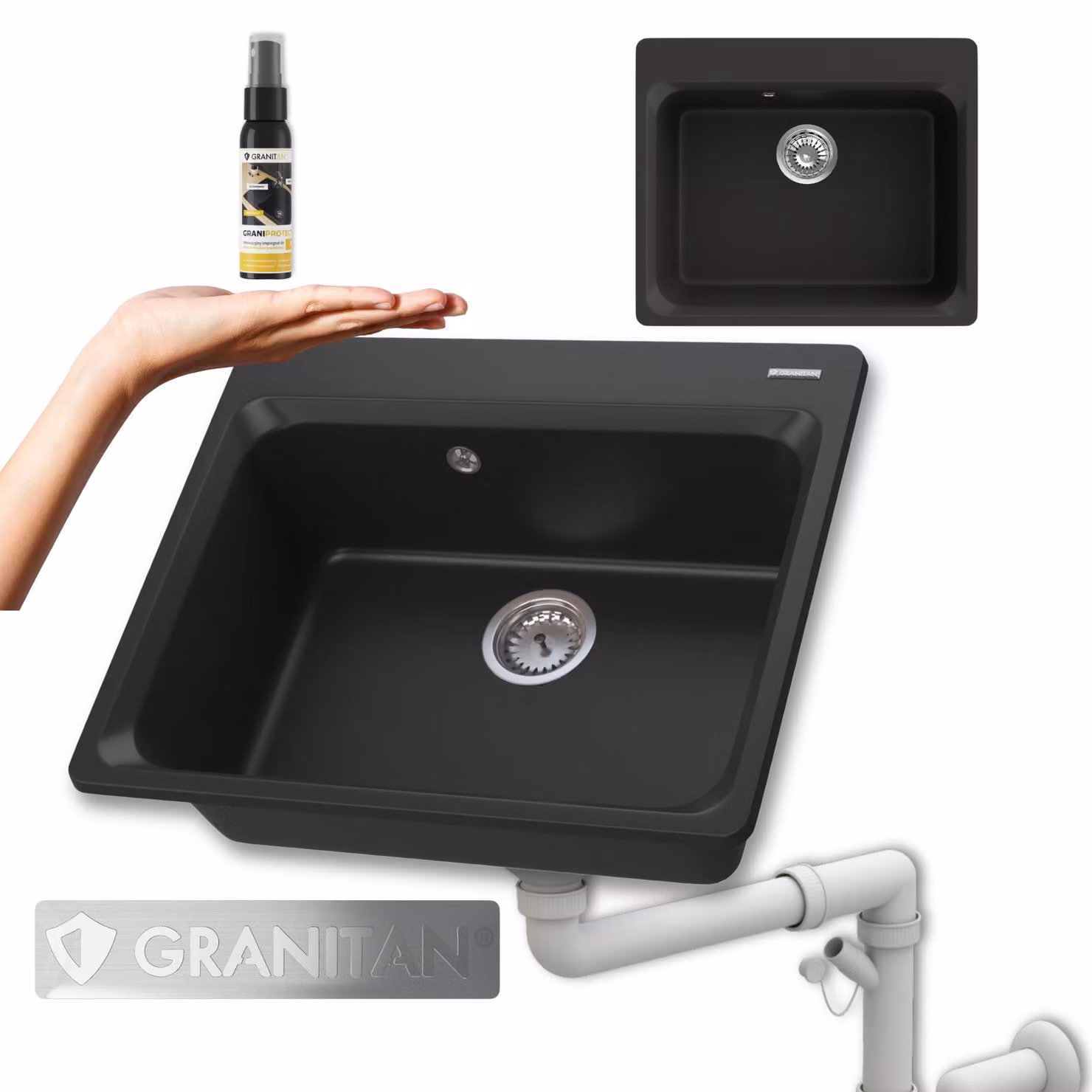 Granitan - Lavello in granito - Lavandino 61,9x52,2 cm - Lavello cucina nero - con sifone - ZANTE