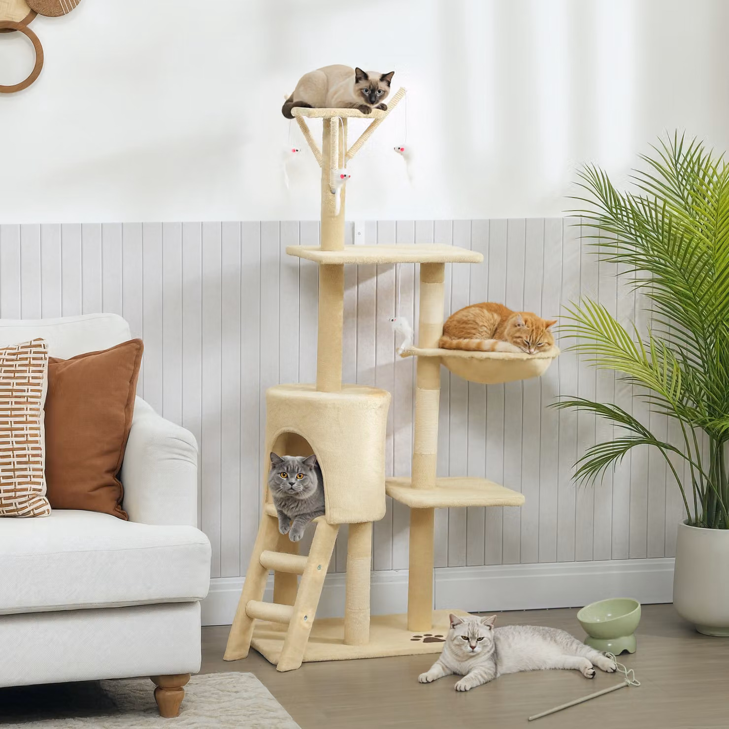 Torre per gatti PawHut con casetta, trespoli, piattaforme e giocattoli integrati, Beige, H 134 x L 60 x P 35 cm – 2