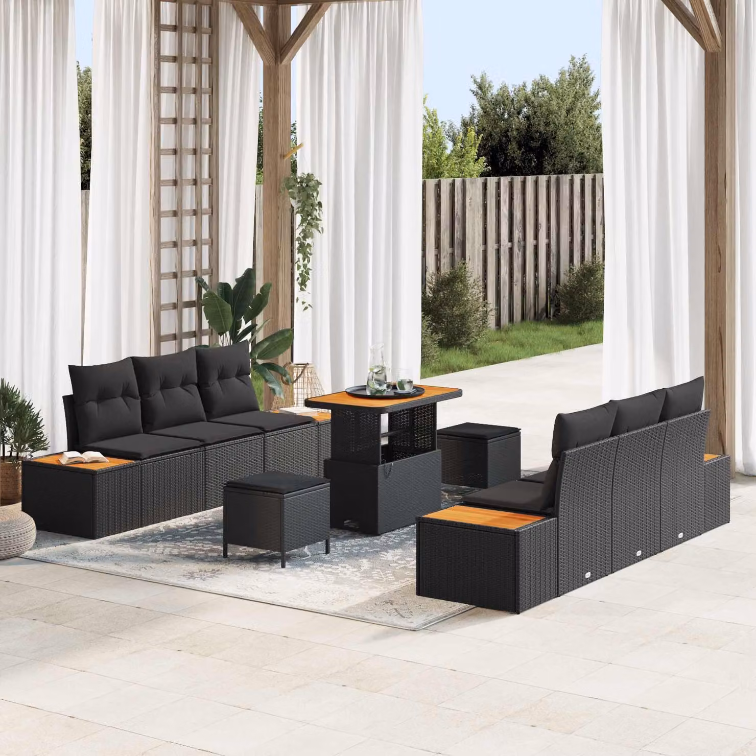 vidaXL Set Divano da Giardino a Forma di U in Rattan Nero con Cuscini e Tavolino da Esterno per 8-9 Persone – 1