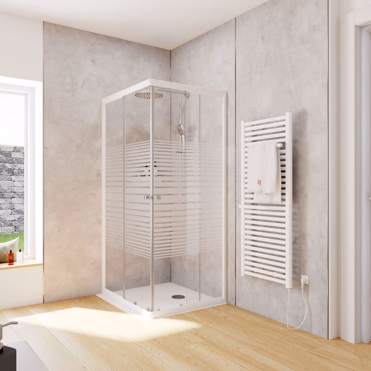 Cabina doccia Schulte Corner con ingresso angolare e porte scorrevoli, installazione su piatto doccia o piastrelle, vetro di sicurezza temperato da 4 mm, altezza: 180 cm, 90 x 75 cm, colore del profilo: bianco alpino, tipo di vetro: decorazione a strisce