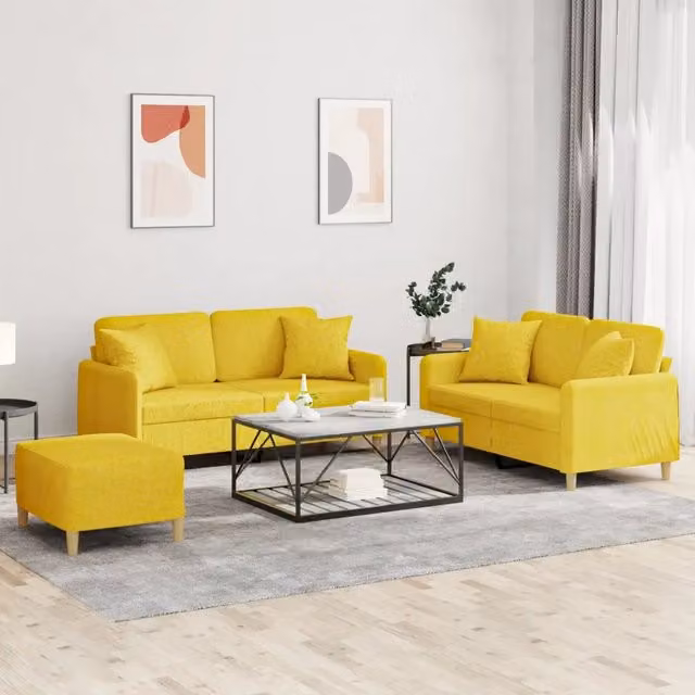 Set di divani 3 pezzi vidaXL in tessuto giallo con cuscini per soggiorno moderno L/P/H: 138 x 41 x 76 cm