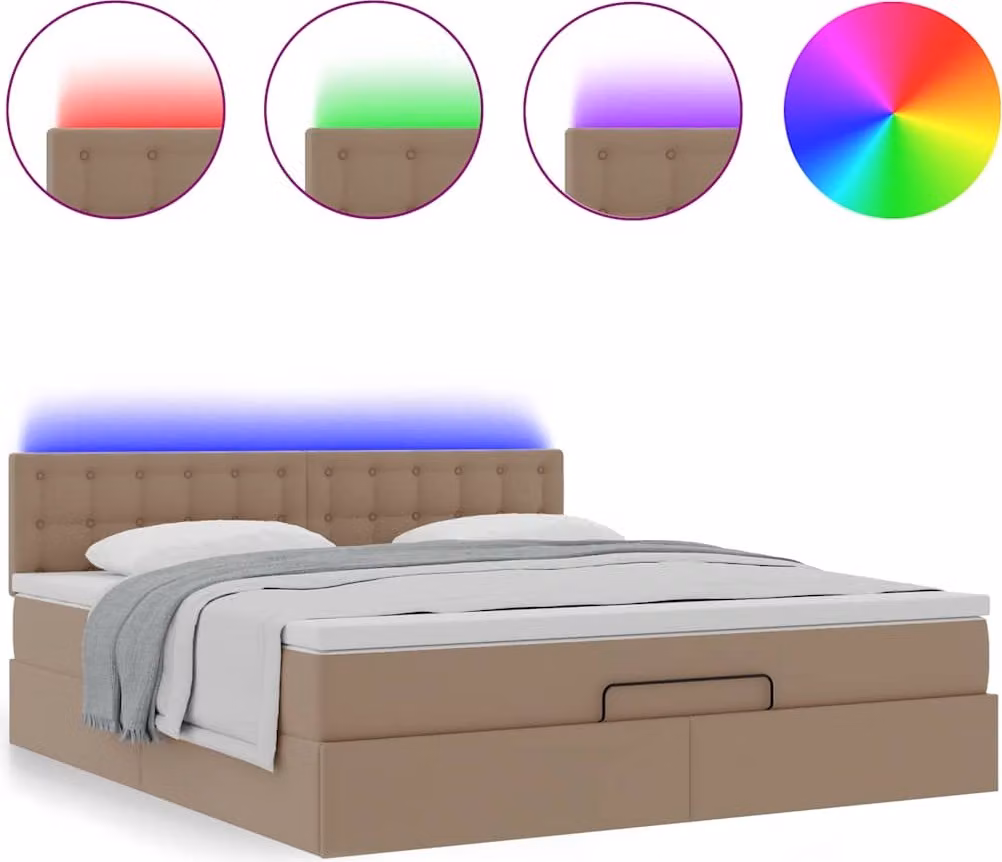 Pouf Letto con Materassi e LED Cappuccino 160x200cm Pelle finta