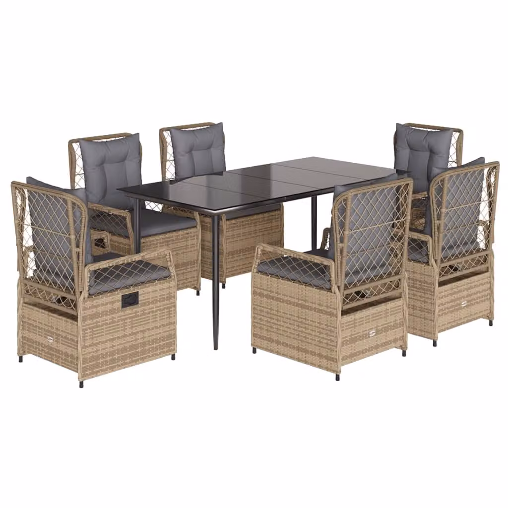 Set da Pranzo da Giardino 7 pz con Cuscini Beige in Polyrattan