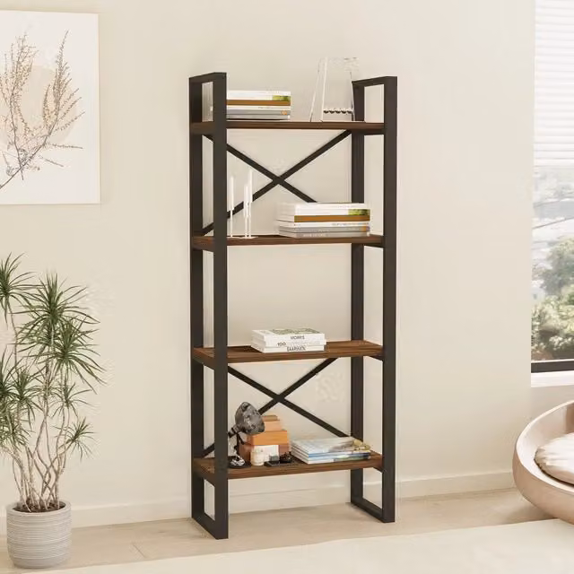 Libreria DMORA Framur con 4 Ripiani, Design Moderno in Legno e Metallo, Marrone e Nero, L: 66 cm, P: 32 cm, H: 150 cm – 1