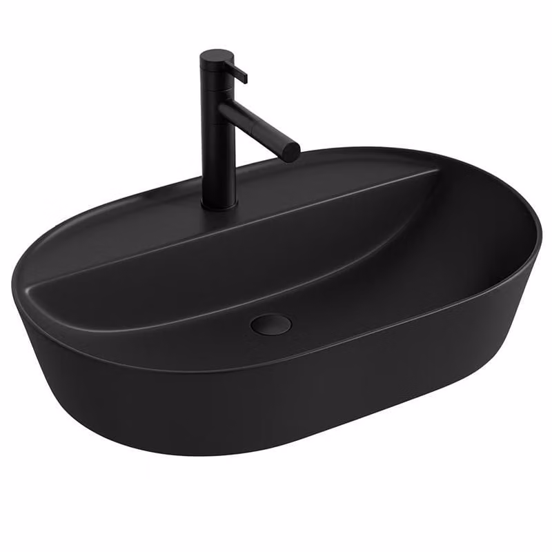 Lavabo ovale in Vetroceramica BLACK con foro integrato grande 60 cm