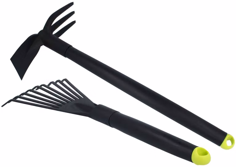 Solidchoice - Set di attrezzi da giardino, 2 pezzi - Piccola scopa - Zappa a doppia lama - Attrezzi da giardino robusti - Plastica rinforzata con fibre - Leggeri ed ergonomici