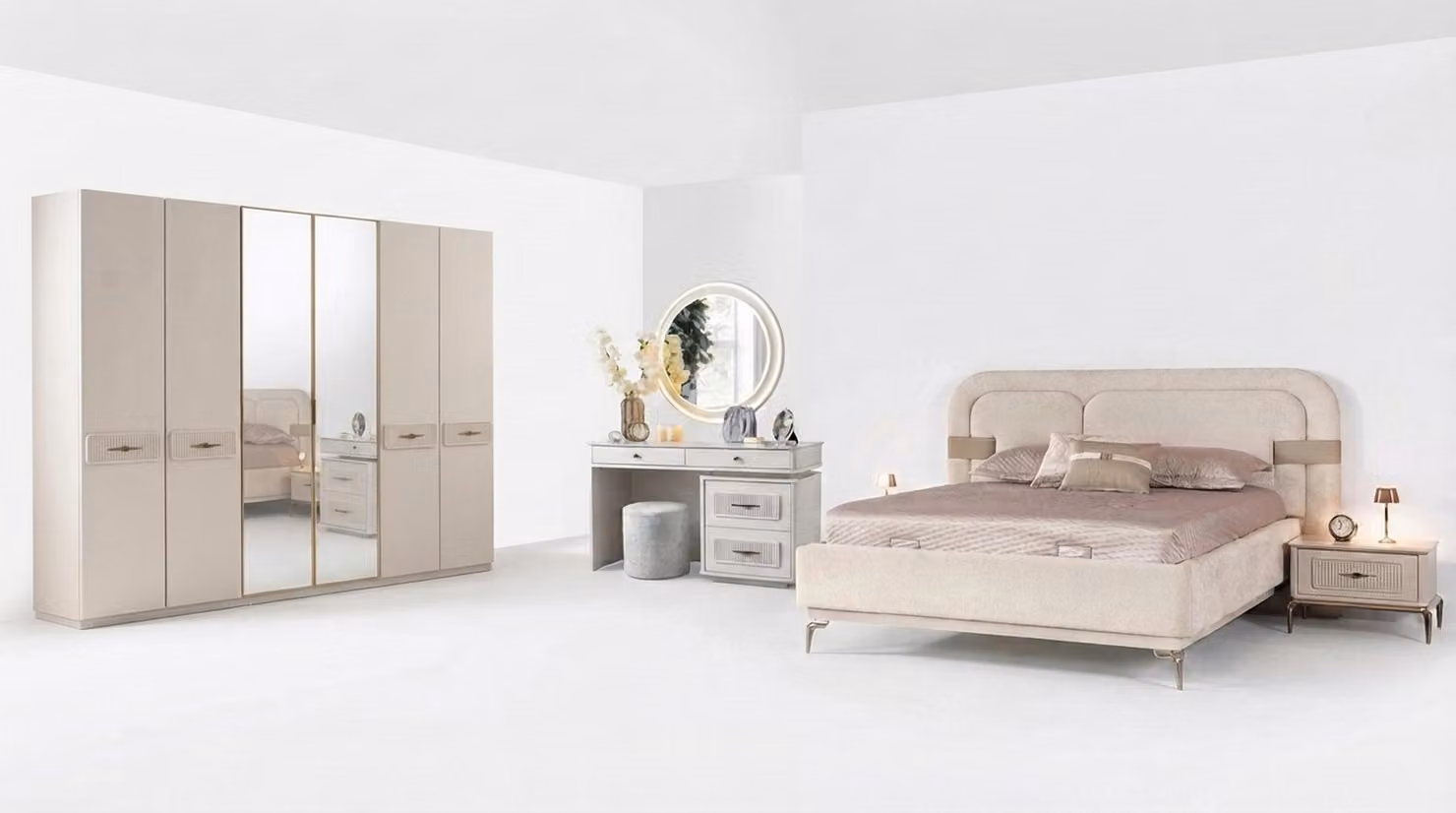 Bett Schrank Schminktisch Hocker Beige Modern Luxus Spiegel Set