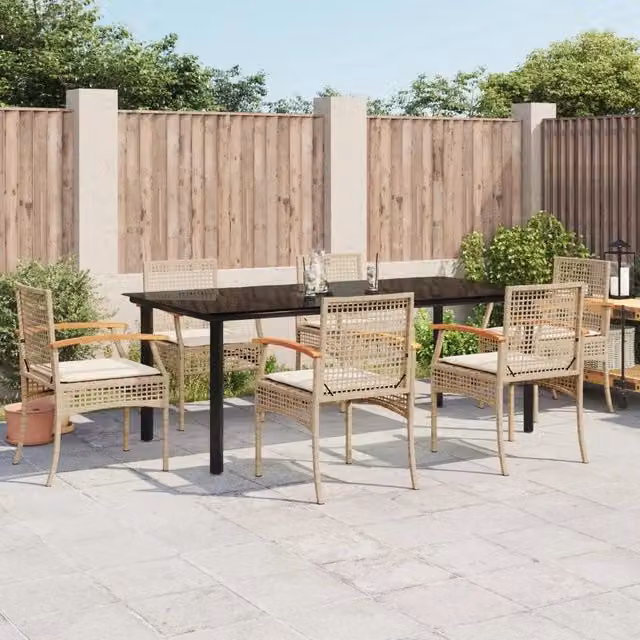 Set da pranzo da giardino vidaXL in polyrattan con tavolo in legno di acacia e vetro, 7 pezzi, beige – 1
